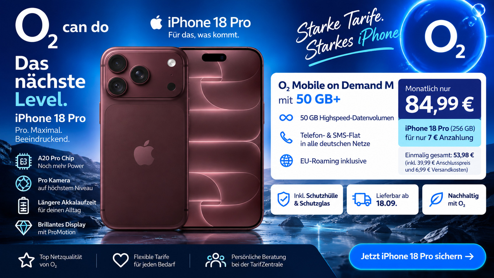 Apple iPhone 18 Pro mit 256 GB und o2 Mobile on Demand M mit 50 GB+