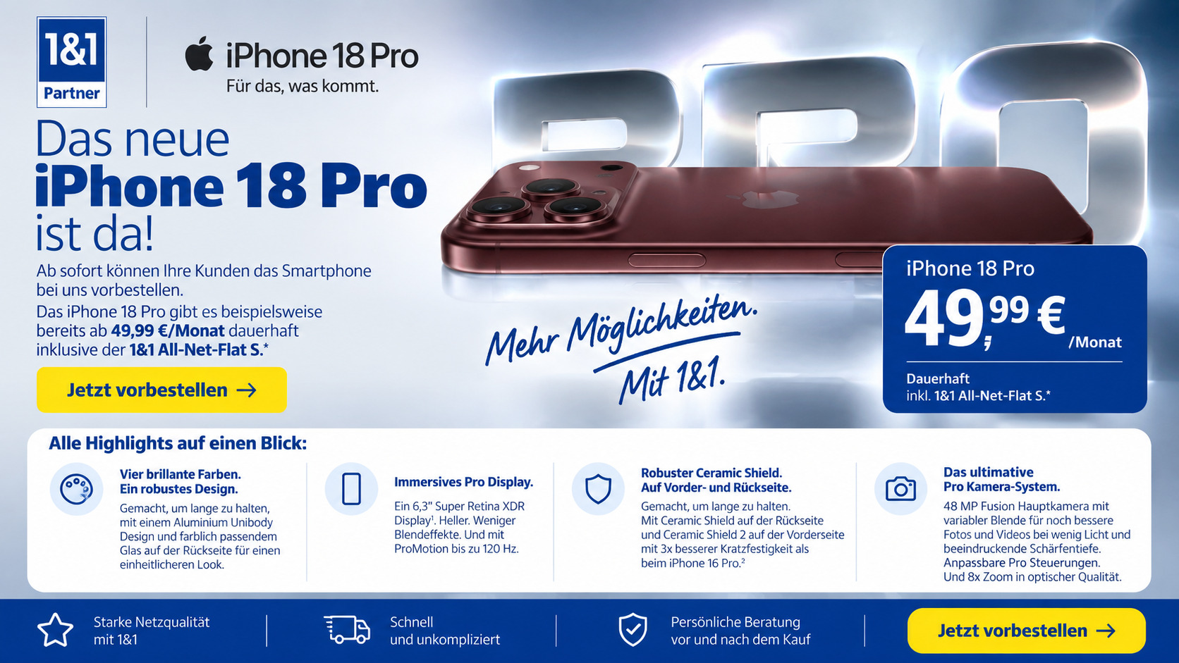 Apple iPhone 18 Pro mit 1&1 All-Net-Flat S dauerhaft ab 49,99 Euro monatlich