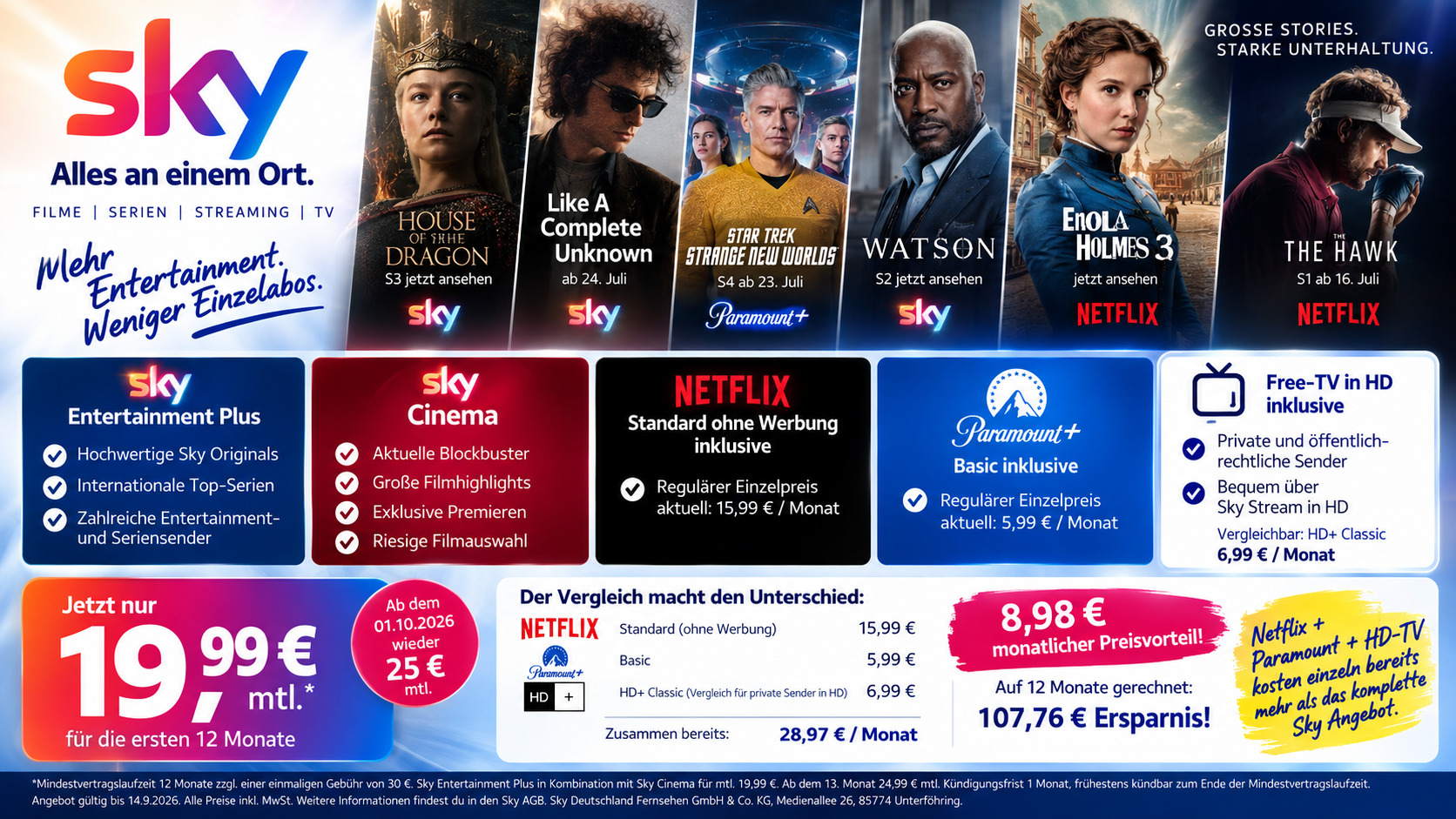 Sky Entertainment Plus und Cinema mit Netflix, Paramount Plus und Free-TV in HD für 19,99 Euro monatlich