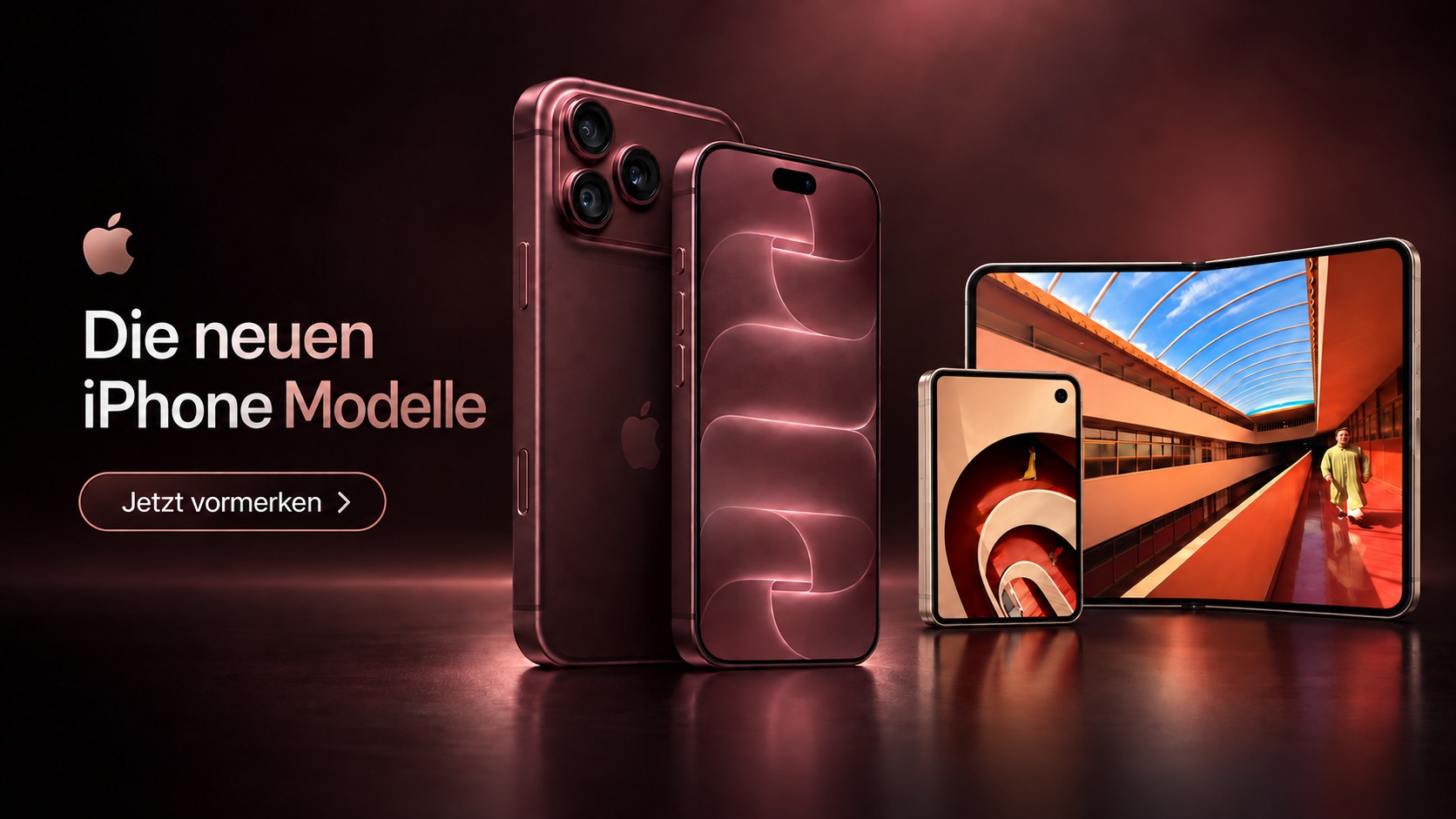 iPhone 18 Pro und faltbares iPhone Duo vor dunklem burgunderfarbenem Hintergrund
