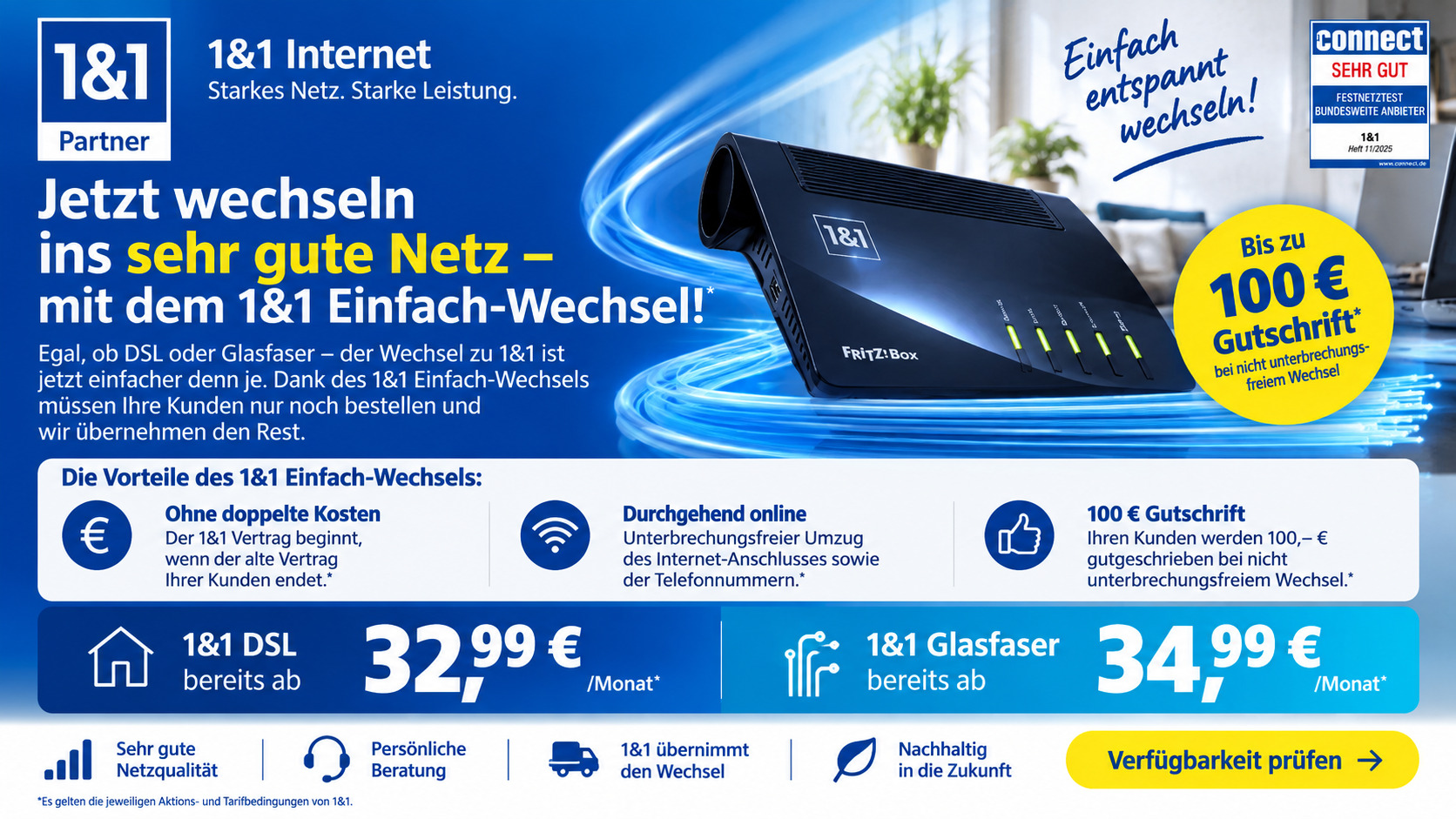 1&1 Einfach-Wechsel mit DSL ab 32,99 Euro und Glasfaser ab 34,99 Euro monatlich